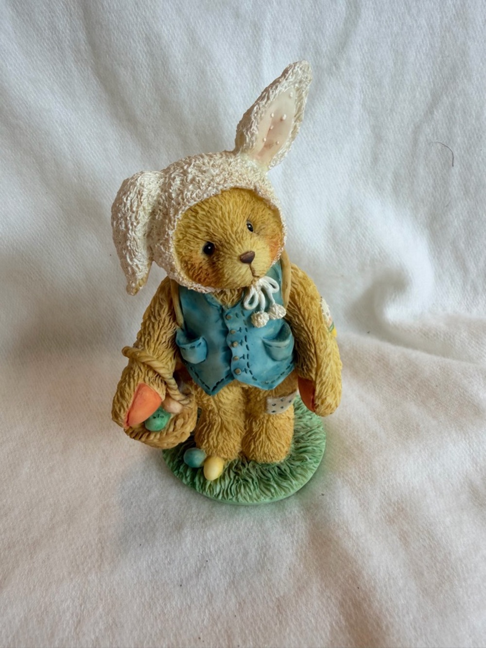 Cherished Teddies Bunny Bear Figurine in Blue Vest and Cream Hood